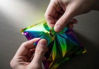 Hands opening colorful foil mystery blind bag with surprise toy inside