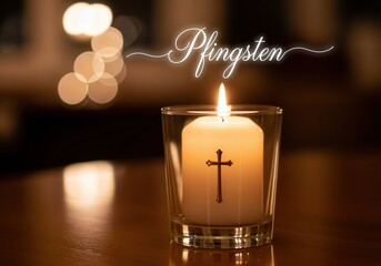 Lit candle with cross and "Pfingsten" text on blurred background