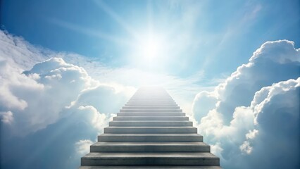 Steps made of clouds ascending into bright sky — pathway to divine realm