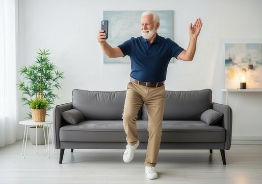 Elderly man joyfully dancing and taking selfie in modern living room - Powered by Adobe