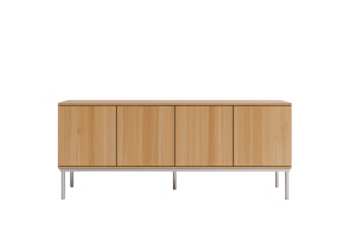 Light wood sideboard with four doors and thin metal legs isolated on a transparent background furniture
