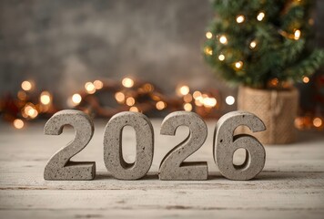 New year 2026 decoration with small christmas tree and lights