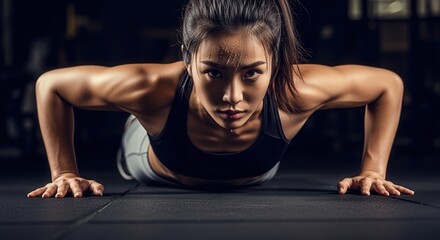 Determined young woman performing intense push-up in gym