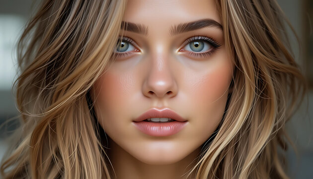  A close-up portrait of a woman with blue-green eyes and soft wavy blonde-brown hair, 4K and HD image