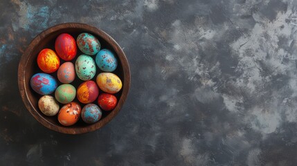 Colorful Decorated Eggs in Rustic Wooden Bowl On Dark Background