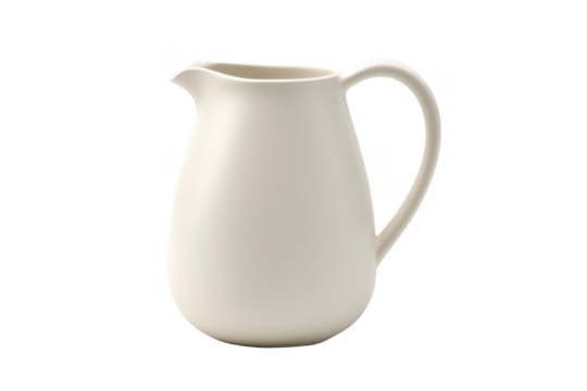 Matte white ceramic pitcher with a curved handle and pouring spout isolated on a transparent background