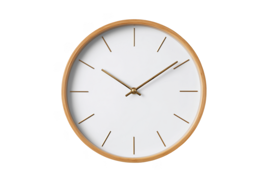 Minimalist round wall clock with light wood frame and gold hands isolated on a transparent background