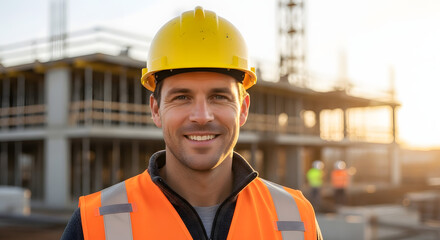 Fototapeta premium Smiling Construction Worker in Hard Hat and Safety Vest at Building Site