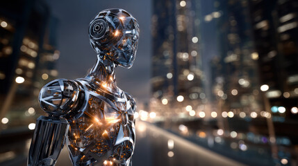A futuristic robot with modular body parts, in an advanced urban setting, glowing lights and reflective surfaces. Artificial Intelligence, Futuristic