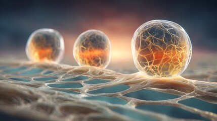 Three translucent spheres resting on a network of filaments.
