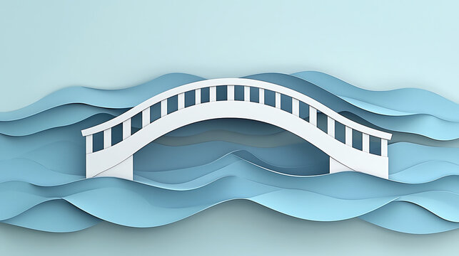 Minimalist paper art of a white arch bridge crossing over stylized blue water waves, a concept for connection, solutions, and bridging gaps.