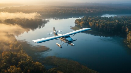 Small plane over serene lake, autumnal forest, mist