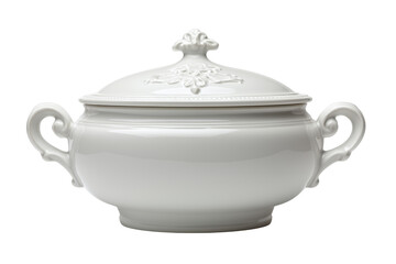 Ornate white ceramic tureen with decorative handles and lid isolated on a transparent background soup