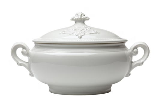 Ornate white ceramic tureen with decorative handles and lid isolated on a transparent background soup