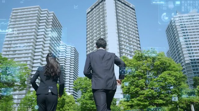 都市を走る男女ビジネスパーソンのグループとデジタルテクノロジーのコンセプト