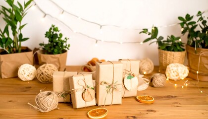 Festive gift wrapping scene on a wooden table
