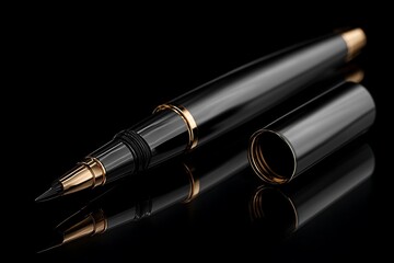 Elegant black and gold fountain pen with cap off, showcasing luxurious writing instrument detail