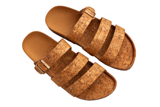 Pair of cork slide sandals with gold buckles on black isolated on a transparent background footwear shoe