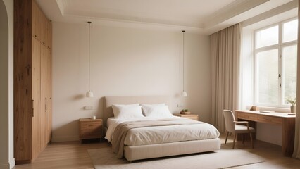 Fototapeta premium Modern Minimalist Bedroom Interior with White Walls, Wooden Floor, and White Accent Blanket