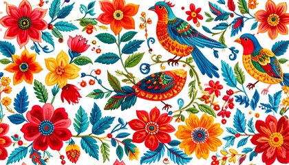 Colorful floral pattern with birds