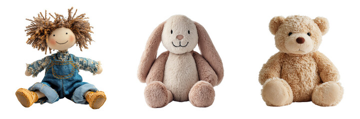Rag doll bunny and teddy bear plush toys isolated on a transparent background image