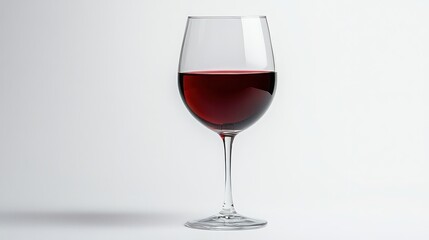 A wine glass filled with red wine against a white backdrop