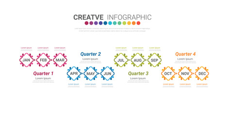 Infographic quarterly template for presentation 12 months in 4 quarter can be used for workflow layout, process diagram, flow chart.