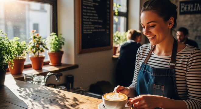 Smiling Barista Holding a Beautiful Latte Art in a Cozy Cafe with Natural Light and a Welcoming Atmosphere - Powered by Adobe