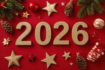 New year twenty twenty six christmas decorations on red background