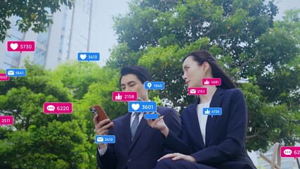 Group of business people using smartphones in the city and app notifications concept - Powered by Adobe