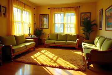 Fototapeta premium Warmth and Nostalgia, A Vibrant Retro-Styled Living Room Bathed in Golden Light and 1970s Charm