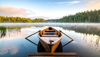 Calm lake sunrise with wooden boat