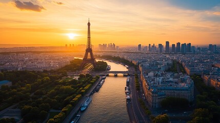 Parisian skyline at sunset, Eiffel Tower prominent