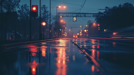 Rainy city street at night, light reflections on wet pavement