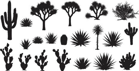 Desert cactus silhouette collection, agave and yucca vector set, black botanical shapes, arid plant icons, southwestern flora illustration, nature graphic