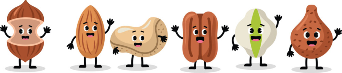Cute Cartoon Nuts Vector Set – Almond, Cashew, Pecan, Hazelnut, Pistachio, Peanut Characters with Faces, Funny Healthy Snack Icons