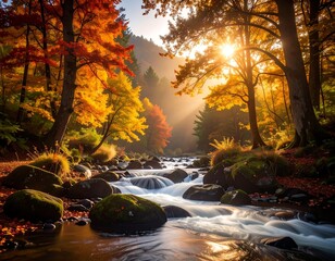 Sunlit autumn stream flows through vibrant foliage