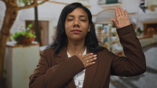 Woman with hand on chest and raised hand standing on a cobblestone street under warm sunlight wearing a brown blazer; oath sincerity.