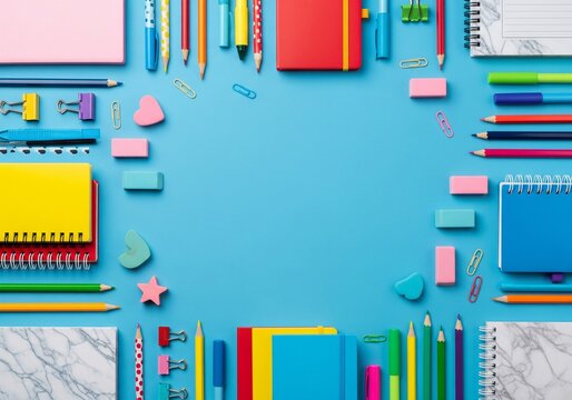 Flat lay of colorful school and office supplies forming a frame on a vibrant blue background with empty copy space for text.