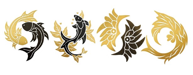 Abstract fish symbol in yin-yang style, black, gold and white contrast