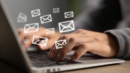 Person typing on a laptop with animated mail icons representing email communication and connection in a modern workspace environment