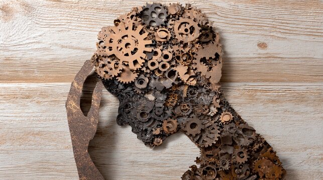 Head silhouette filled with gears and cogs symbolizing mental struggle and complexity related to thoughts and emotions - Powered by Adobe