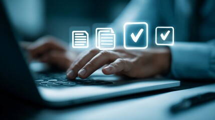 Typing on a laptop with digital task checkmarks and documents illuminated in a dim workspace environment during evening hours