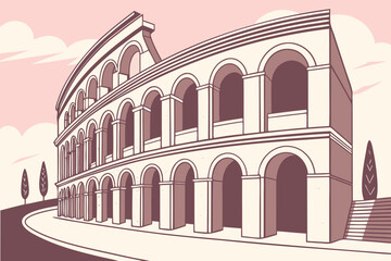 Stylized illustration of the colosseum in rome with a pink sky