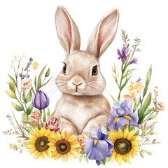 Obraz premium Adorable bunny rabbit with spring flowers, isolated on transparent background