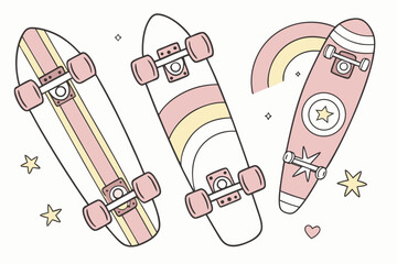 Three cute skateboards with pastel colors and stars