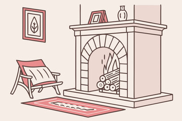 Cozy living room scene with a fireplace and armchair