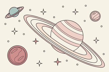Whimsical planets and stars in a soft pastel color palette