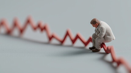 A miniature businessman sits worriedly on fluctuating downward red financial graph.
