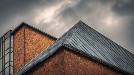 Architectural Geometry: Brick and Metal Rooflines Under a Cloudy Sky